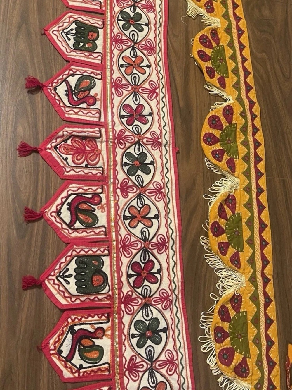 Vtg lot of 2 Toran valances/ boho wallhangings hand embroidered mirrors